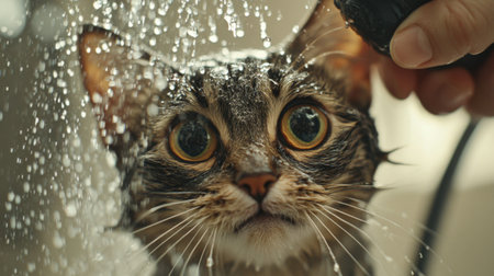 A close-up of a cat face covered in water droplets, eyes wide open, as it gets gently rinsed during a bath with a person holding a shower head.の素材