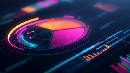 A close-up of a colorful financial pie chart on a digital dashboard, with floating data labels showing revenue streams, growth rates, and key financial indicators.の素材