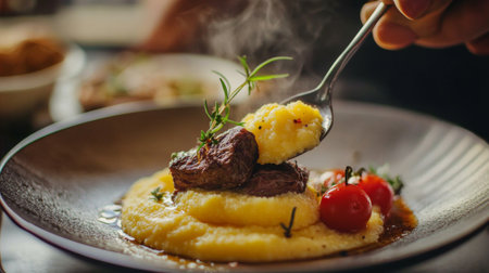 A close-up of polenta being spooned onto a plate, with a creamy texture and a side of braised beef or lamb, emphasizing the comforting and hearty nature of the dishの素材