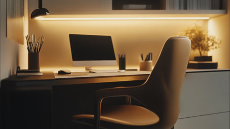 A close-up of a minimalist home office setup, featuring a sleek desk, a comfortable chair, and a few essential items, creating an efficient and uncluttered workspace.の素材