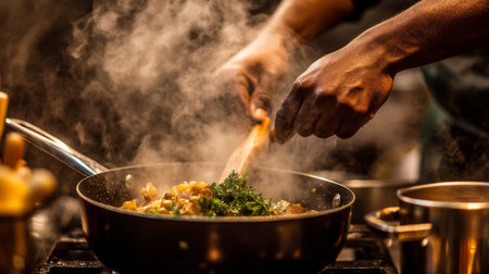 A close-up of hands stirring a pot on the stove, with steam rising and rich ingredients like herbs and spices visible, capturing the essence of homemade cookingの素材