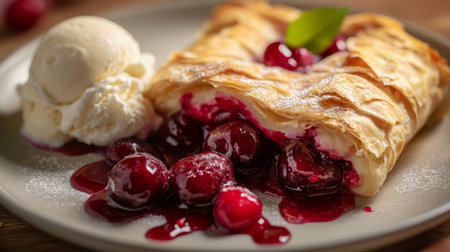 A close-up of a freshly baked cherry strudel, with vibrant red cherries oozing from the crispy layers of pastry, served with a side of vanilla ice cream.の素材