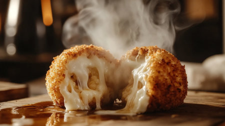 A close-up shot of a freshly cut arancini revealing its gooey cheese and risotto center, with steam rising and breadcrumbs glistening, emphasizing the deliciousness of this Italian snack.の素材