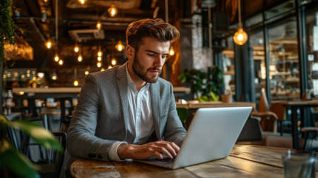 A close-up of a young businessman typing on his laptop at a co-working space, surrounded by creative decor, illustrating the modern work environment and entrepreneurshipの素材