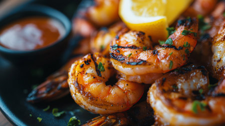 A close-up of perfectly grilled shrimp on a sizzling barbecue, glistening with marinade, and served with a slice of lemon and dipping sauce, showcasing mouthwatering detailsの素材