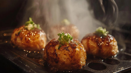 A close-up of crispy takoyaki being served from a takoyaki grill, showcasing the golden-brown exterior and hints of octopus filling peeking out, with steam rising in the background.の素材
