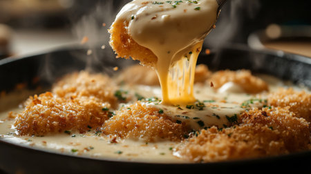 A close-up of korokke being dipped into a creamy sauce, with crumbs falling and steam rising, capturing the mouthwatering texture and deliciousness of this Japanese comfort food.の素材