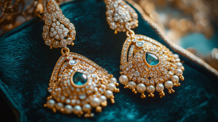 A close-up shot of a beautiful pair of elegant drop earrings displayed on a velvet cushion, highlighting their intricate design and sparkling gemstones, perfect for a jewelry showcase.の素材