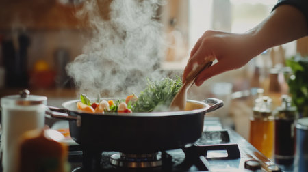A close-up of hands stirring a pot on the stove, with steam rising and rich ingredients like herbs and spices visible, capturing the essence of homemade cookingの素材