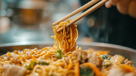 A close-up of yakisoba being served onto a plate, showcasing the glossy noodles mixed with vegetables and protein, with chopsticks ready for a delicious bite.の素材