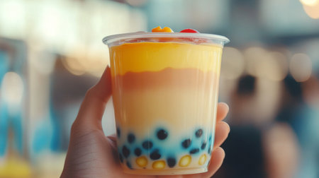 A close-up shot of a hand holding a cup of bubble tea, with the tapioca pearls visible at the bottom and the creamy layer on top, showcasing the delicious texture and colors.の素材