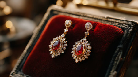 A close-up shot of a beautiful pair of elegant drop earrings displayed on a velvet cushion, highlighting their intricate design and sparkling gemstones, perfect for a jewelry showcase.の素材