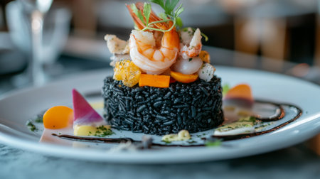 A close-up of fluffy black ink rice served on a white plate, with colorful seafood, including shrimp and squid, elegantly arranged around it, showcasing the dish's textures.の素材