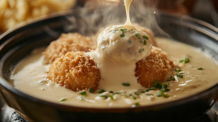 A close-up of korokke being dipped into a creamy sauce, with crumbs falling and steam rising, capturing the mouthwatering texture and deliciousness of this Japanese comfort food.の素材