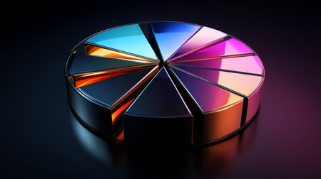 A sleek metallic 3D pie chart with separated slices, each segment reflecting light differently, set against a dark gradient background for a high-tech feelの素材