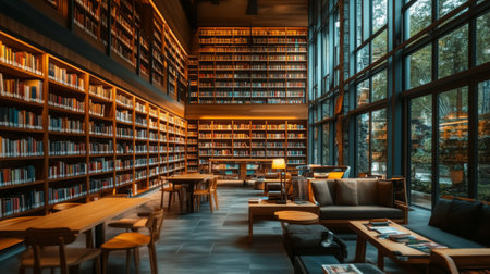 A serene interior of a modern library with tall shelves filled with books, soft lighting, and cozy reading nooks inviting patrons to explore and enjoy their favorite titles.の素材