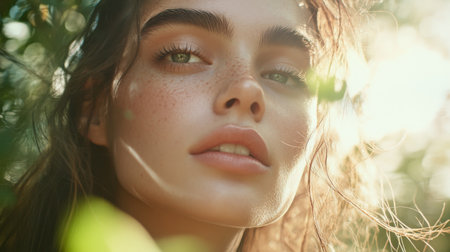 A stunning woman face in a natural outdoor setting, with a soft breeze blowing through her hair, her clear skin and minimal makeup glowing in natural light.の素材