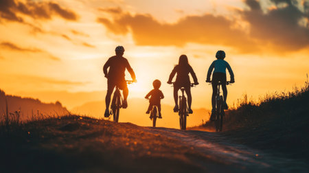 A striking silhouette of a family riding bicycles together during golden hour, their shadows cast long on the path, symbolizing adventure and togetherness.の素材