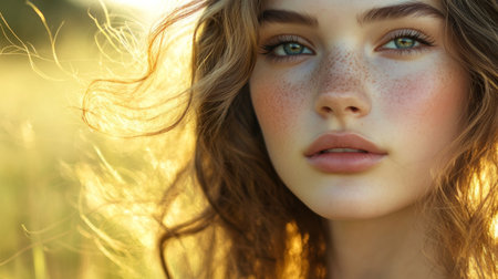 A stunning woman face in a natural outdoor setting, with a soft breeze blowing through her hair, her clear skin and minimal makeup glowing in natural light.の素材