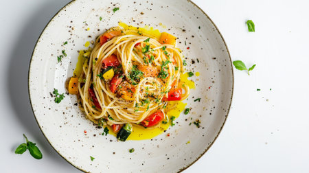 A top-down view of a colorful spaghetti dish with mixed vegetables, drizzled with olive oil and lemon, served on a beautiful plate against a white background.の素材
