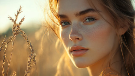 A stunning woman face in a natural outdoor setting, with a soft breeze blowing through her hair, her clear skin and minimal makeup glowing in natural light.の素材