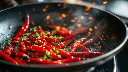 A sizzling stir-fry in a pan with red chili peppers, garlic, and herbs, capturing the aroma and heat of a freshly prepared, spicy dish.の素材