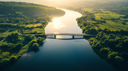 A stunning aerial view of a modern bridge spanning a wide river, with sunlight reflecting on the water and lush greenery on both banks, showcasing the harmony between nature and architecture.の素材