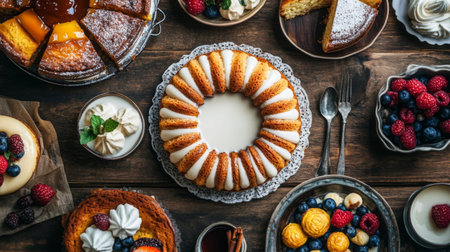 A vibrant flat lay of popular desserts made with condensed milk, including cakes, puddings, and sweet treats, beautifully arranged on a rustic wooden table.の素材