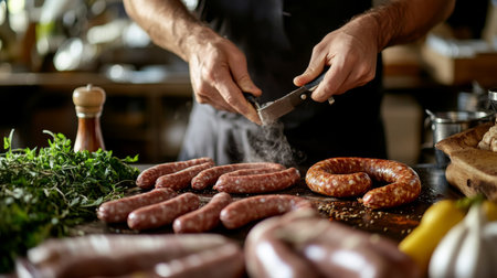 A chef preparing sausages in a bustling kitchen, with fresh herbs and spices on the counter, emphasizing the culinary craft behind sausage making.の素材