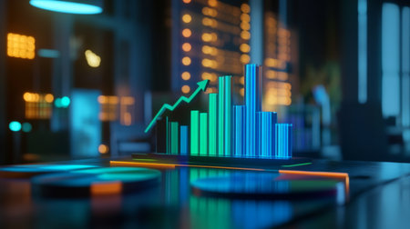 A 3D bar graph showcasing quarterly financial results, with blue and green bars rising on a sleek, modern financial dashboard with pie charts and arrowsの素材