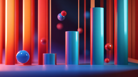 A 3D bar graph with blue and red bars, highlighting a business comparison between two competitors, with labels and numbers floating above each bar.の素材