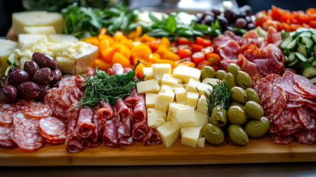 A vibrant antipasto platter featuring a variety of Italian cheeses, cured meats, olives, and fresh vegetables, arranged beautifully on a wooden board.の素材