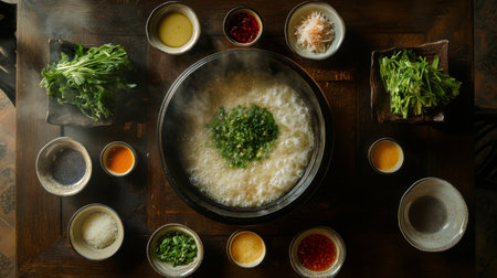 A beautifully arranged tabletop featuring a bubbling hot pot surrounded by dipping sauces and fresh ingredients, highlighting the joy of communal dining and cooking.の素材