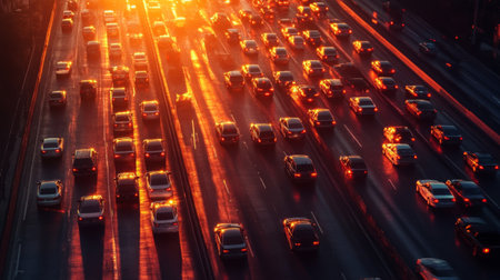 An aerial view of a highway jammed with vehicles, with brake lights glowing red against the backdrop of a setting sun, capturing the frustration of traffic delays.の素材