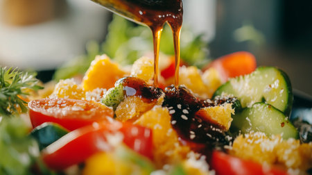 A close-up of a tempura batter mix being drizzled over fresh vegetables before frying, highlighting the preparation process and ingredients against a bright white surface.の素材