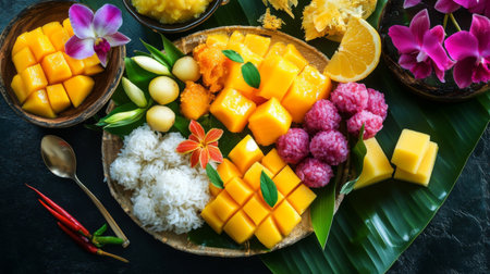 A beautifully arranged platter of traditional Thai desserts, including mango sticky rice and coconut pudding, garnished with fresh fruits and flowers, showcasing vibrant colors.の素材