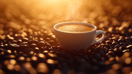A warm, inviting image of a coffee cup surrounded by coffee beans, with soft morning light filtering in, creating a cozy atmosphere that celebrates the coffee experience.の素材
