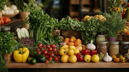 A vibrant farmers' market scene with fresh produce, herbs, and spices displayed on a table, showcasing the ingredients used in home cookingの素材