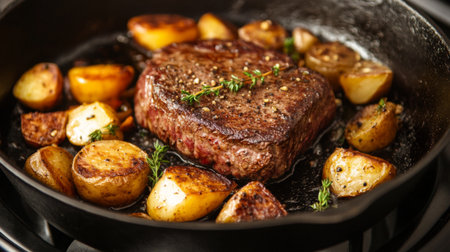 A close-up of a cast-iron skillet on a stovetop, with a perfectly cooked steak sizzling and golden-brown vegetables, capturing the essence of gourmet home cooking.の素材