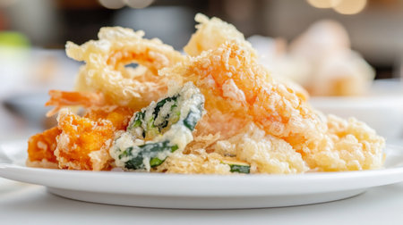 A close-up of assorted tempura, including sweet potato, zucchini, and shrimp, artfully presented on a white plate, highlighting the textures of the crispy batter against a clean background.の素材