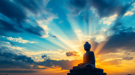 A beautiful silhouette of a Buddha statue at sunrise, with rays of light breaking through the clouds, symbolizing enlightenment and spiritual awakening.の素材