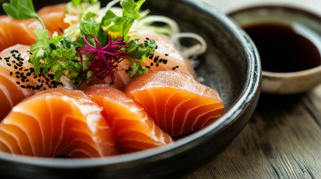 A close-up of an elegant sashimi dish showcasing thinly sliced tuna and salmon, artfully presented with decorative garnishes and served with a small bowl of soy sauce.の素材