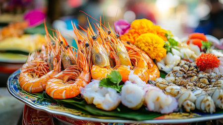A beautifully arranged platter of featuring various seafood and colorful garnishes, set against a soft-focus background of traditional Thai decorationsの素材