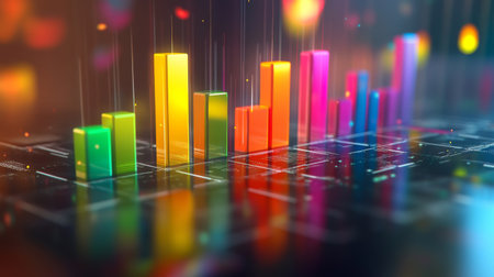 A 3D bar graph with colorful bars rising from a sleek, glossy surface, each bar representing different data points in a futuristic business presentation setting.の素材