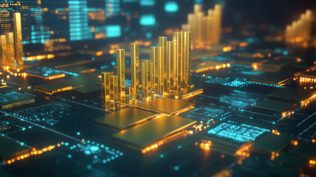 A 3D bar graph with gold bars emerging from a screen, symbolizing profit and revenue growth, with digital arrows and percentages indicating financial successの素材