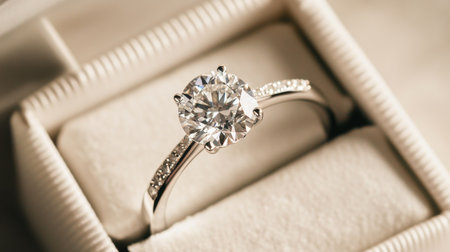 A beautiful diamond engagement ring being offered in an open box, with a soft white background that highlights the romantic gesture and the ring's brillianceの素材