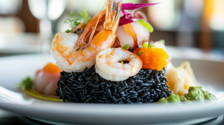 A close-up of fluffy black ink rice served on a white plate, with colorful seafood, including shrimp and squid, elegantly arranged around it, showcasing the dish's textures.の素材
