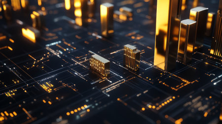 A 3D bar graph depicting annual revenue growth, with gold and silver bars on a dark background, illuminated by futuristic lights and financial icons representing key performance indicatorsの素材