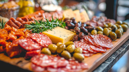 A beautifully arranged charcuterie board featuring an assortment of sausages, cheeses, olives, and crackers, perfect for entertaining and gourmet dining.の素材
