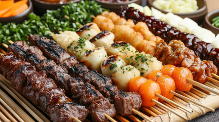 A beautifully arranged platter of kushikatsu skewers on a bamboo mat, including beef, pork, and vegetables, drizzled with sauce and served alongside fresh dipping options.の素材
